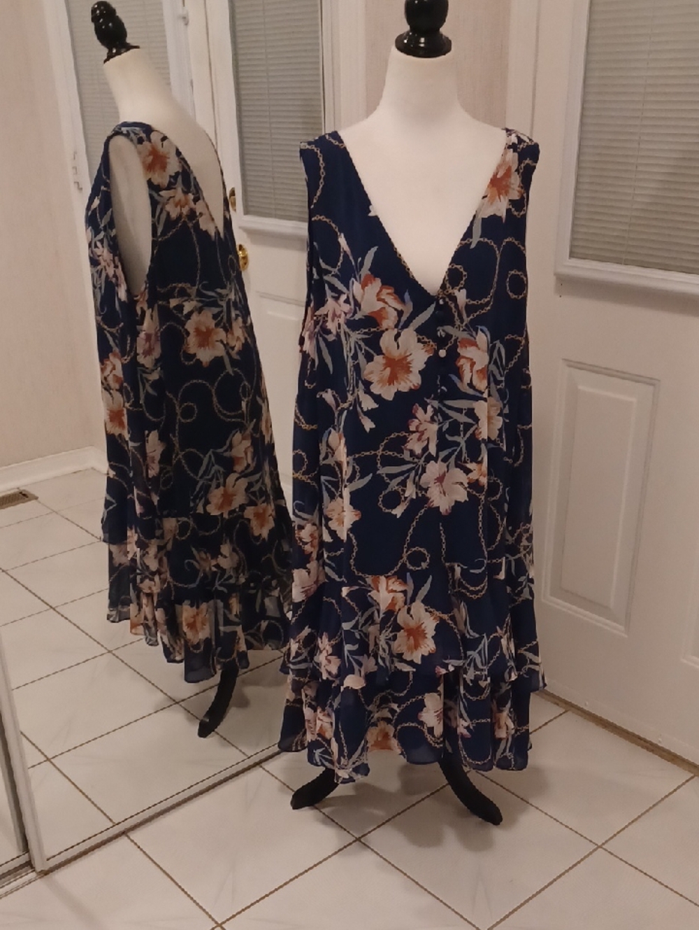 4/$80 Floral Navy V-Neck Tiered Summer Dress - Size 2X (US18)